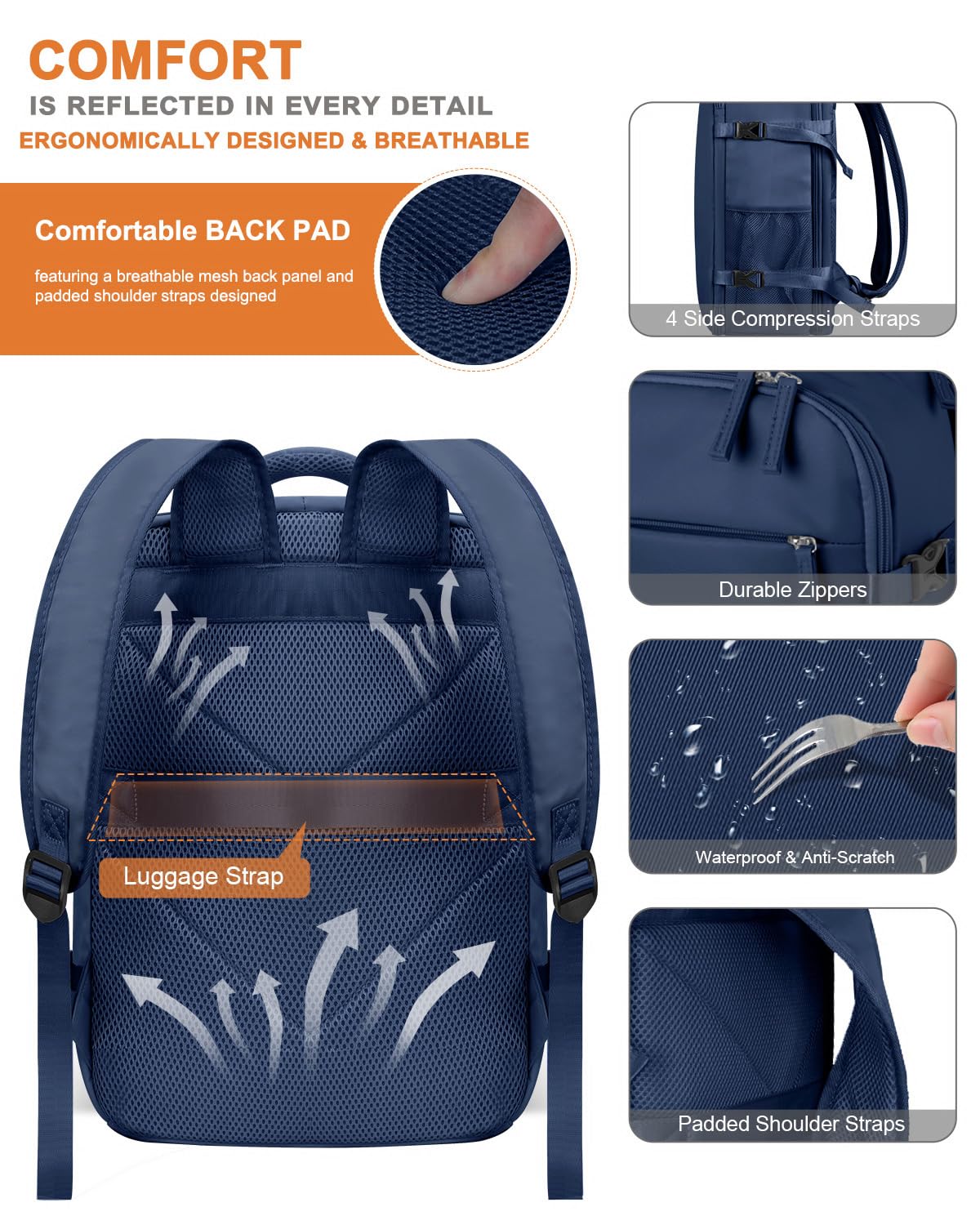Capolo Travel Backpack for Women Men Waterproof Laptop Backpack Airlines Approved Carry On Backpack Bag Computer Bookbag for Business, Work, Traveling Fits 15.6 Inch Laptop(Dark Blue)