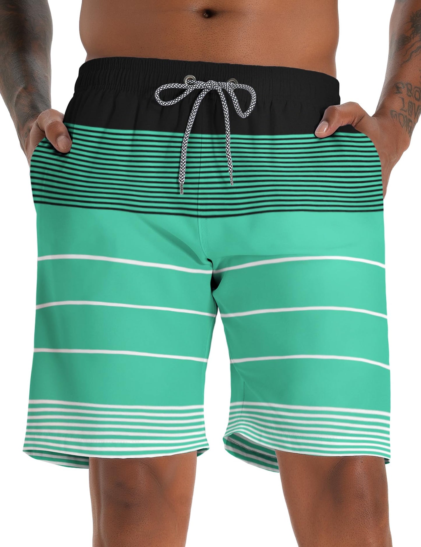 ELETOP Men's Swim Trunks Quick Dry Bathing Suit Swimming Board Shorts Mesh Lining Beach Swimwear Stripe Green L