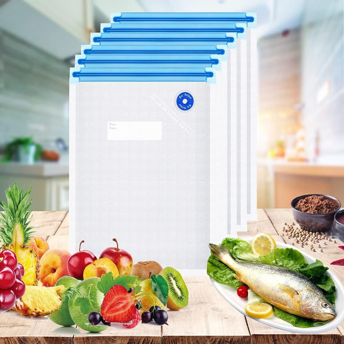 Sous Vide Bags 31 Pcs (24 Pcs Vacuum Zipper Bags & 2 Seal Clips & 5 Air Valves),Reusable BPA Free Vacuum Sealer Bags Vacuum Food Storage Bags for Cooking/Food Storage/Microwave Heating