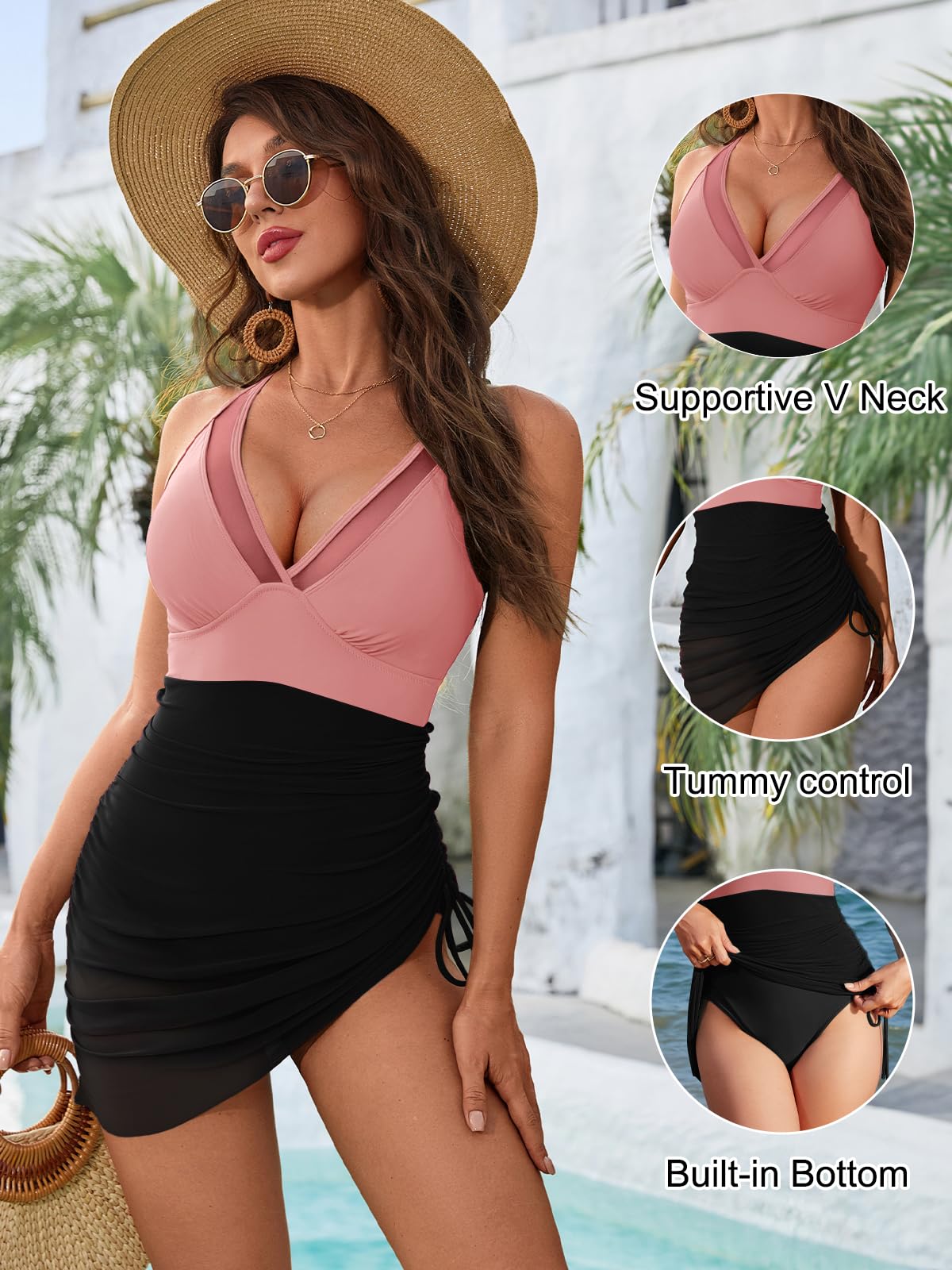 Blooming Jelly Women One Piece Swimsuits Tummy Control Swim Dress Slimming Sexy Sarong Wraps Swim Suits (L, Light Pink/Black)