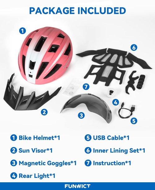 FUNWICT Adult Bike Helmet with Visor and Goggles for Men Women Mountain Road Bicycle Helmet Rechargeable Rear Light Cycling Helmet (M: 54-58 cm (21.3-22.8 inches), MixPink)