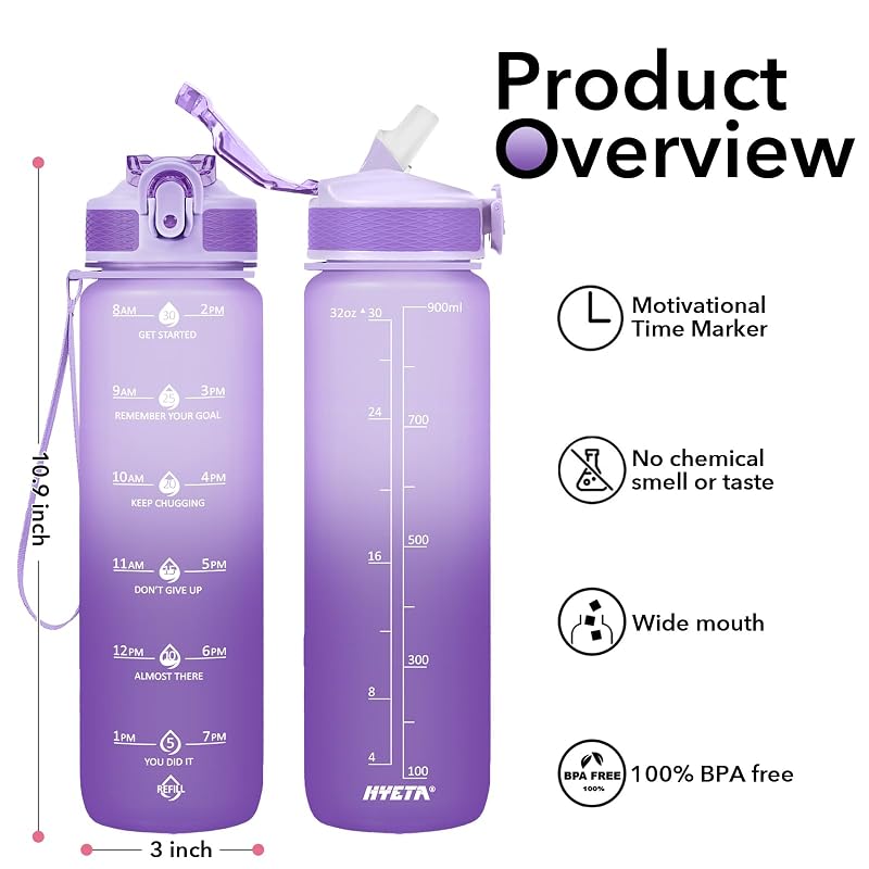 Hyeta 32oz Leakproof Water Bottle with Straw & Time Markers — Pink-Purple Ombré