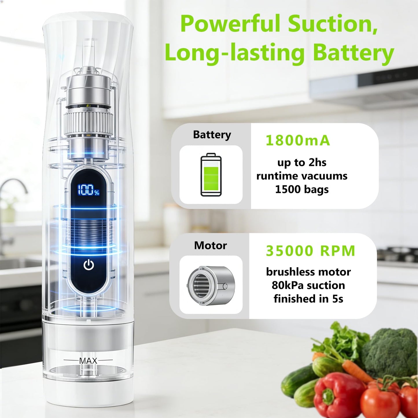ALLHOPE Compact Vacuum Sealer for Food Storage: Portable Handheld Food Sealer, 80kPa Suction, 1800mAh Battery, 30 Reusable Vacuum Bags, Preserve 5X Freshness with Easy Operation