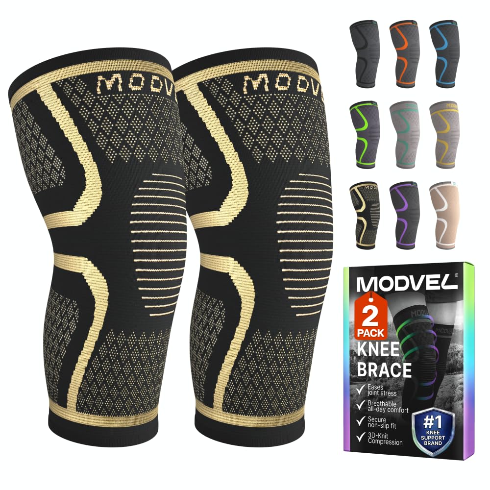 Modvel Compression Knee Brace for Women & Men - 2 Pack Knee Brace for Women Running Knee Pain, Knee Support Compression Sleeve, Workout Sports Knee Braces for Meniscus Tear ACL & Arthritis Pain Relief