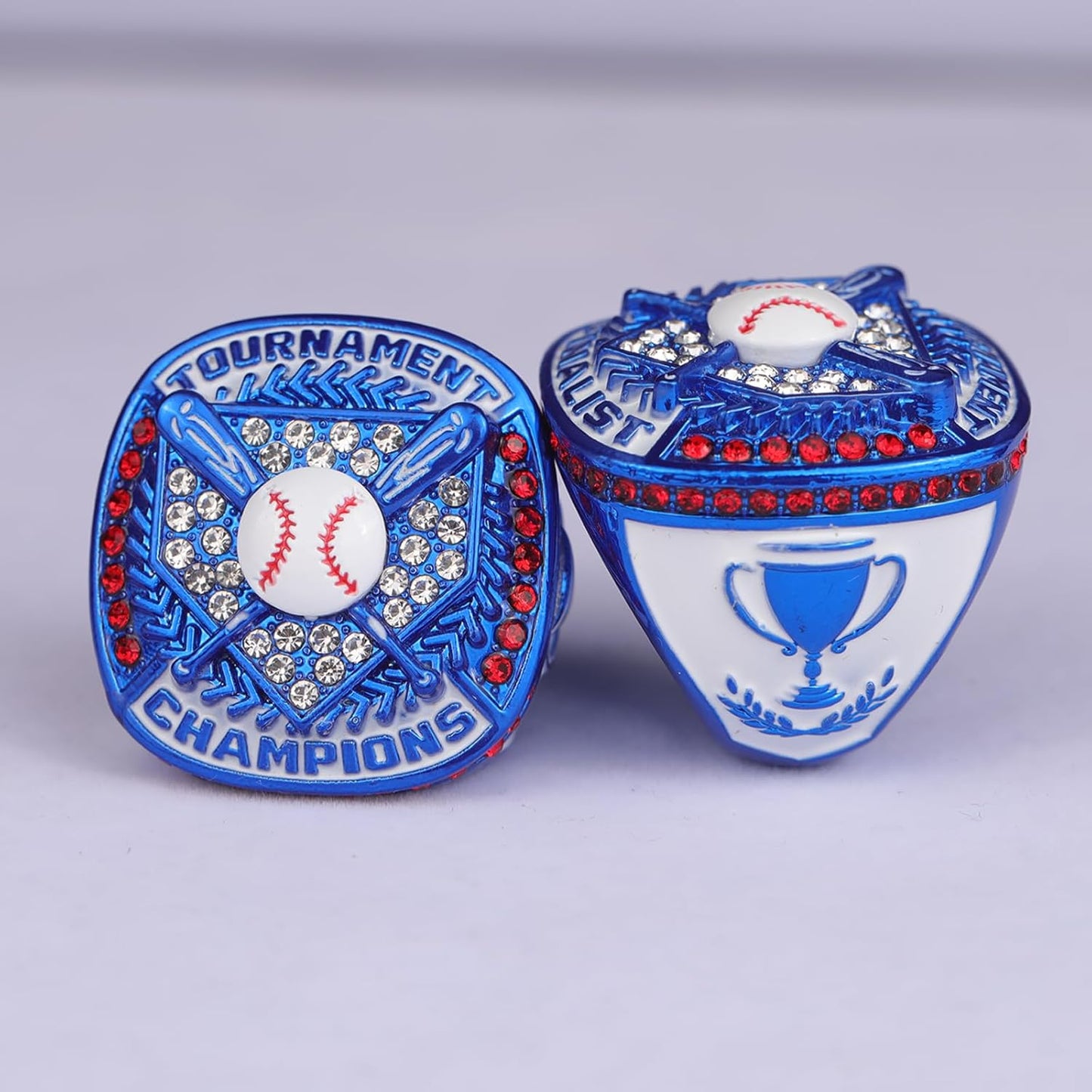 2 pcs, 12 pcs Pack Baseball Tournament Blue Championship Ring Trophy on Side Size 9