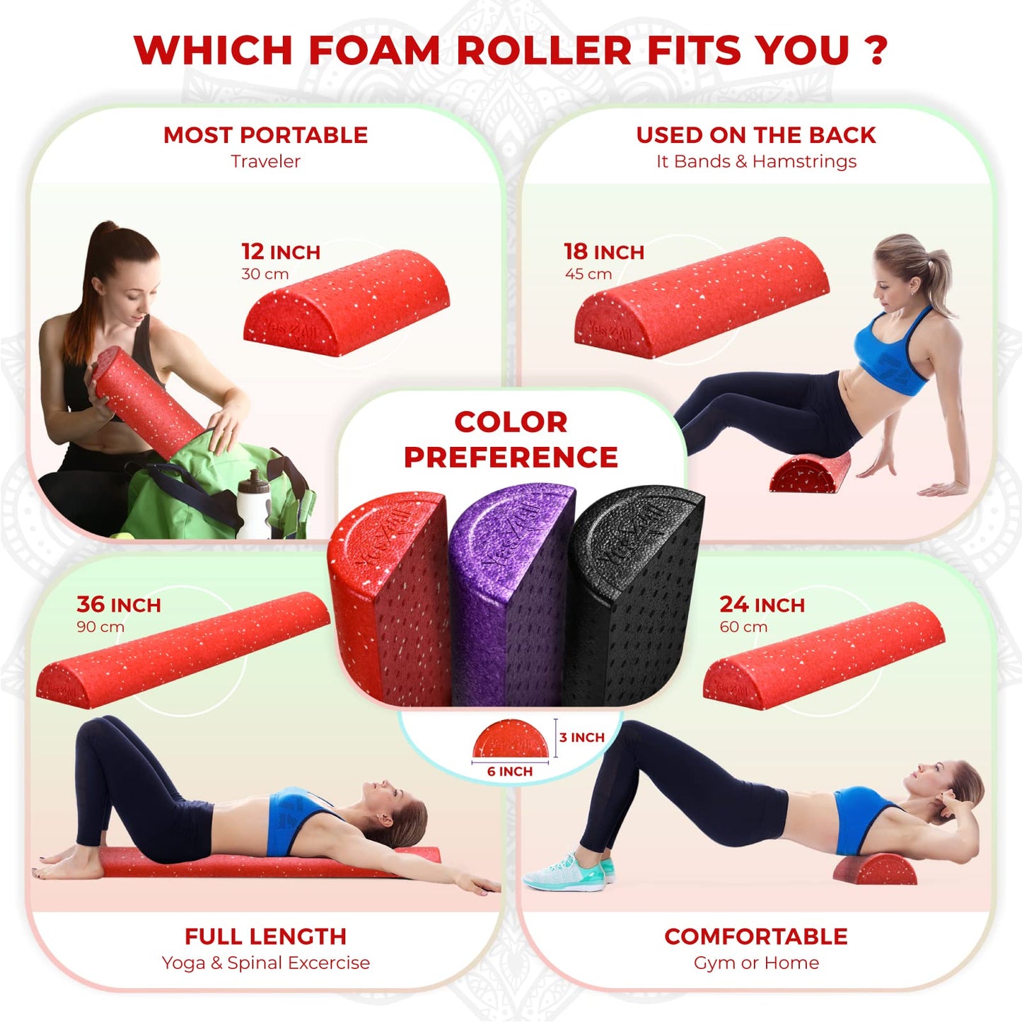 Yes4All Half Foam Roller, EPP High-Density Material, High Firmness Level, Back Roller for Athlete & Professional, Suitable for Back, Stretching, & Pilates, 12/18/24/36 inch, Red Snow, 36 inch
