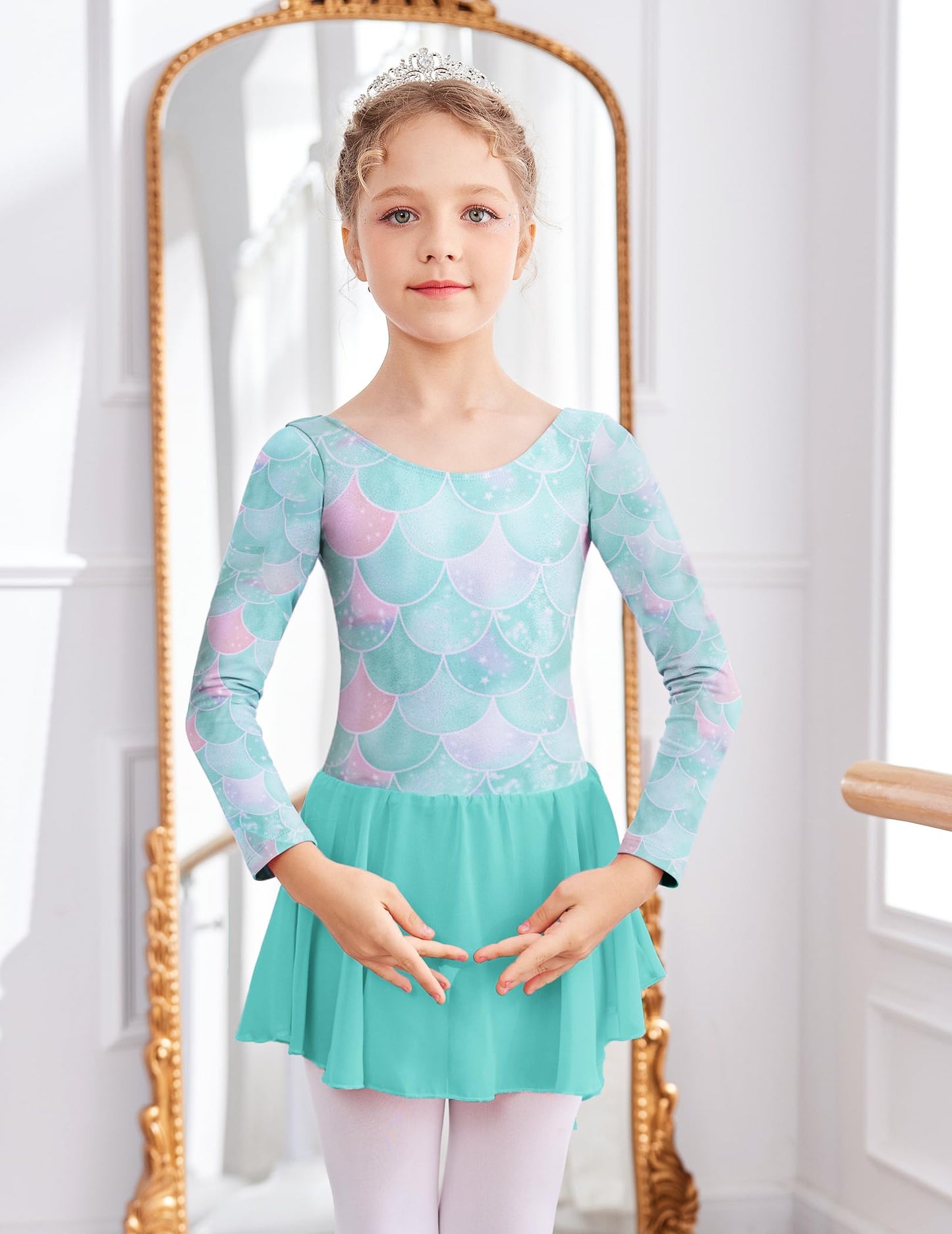 Zaclotre Ballet Leotards for Girls Toddler Classic Long Sleeve Criss-Cross Back Dance Dress Ballerina Outfits Green Mermaid