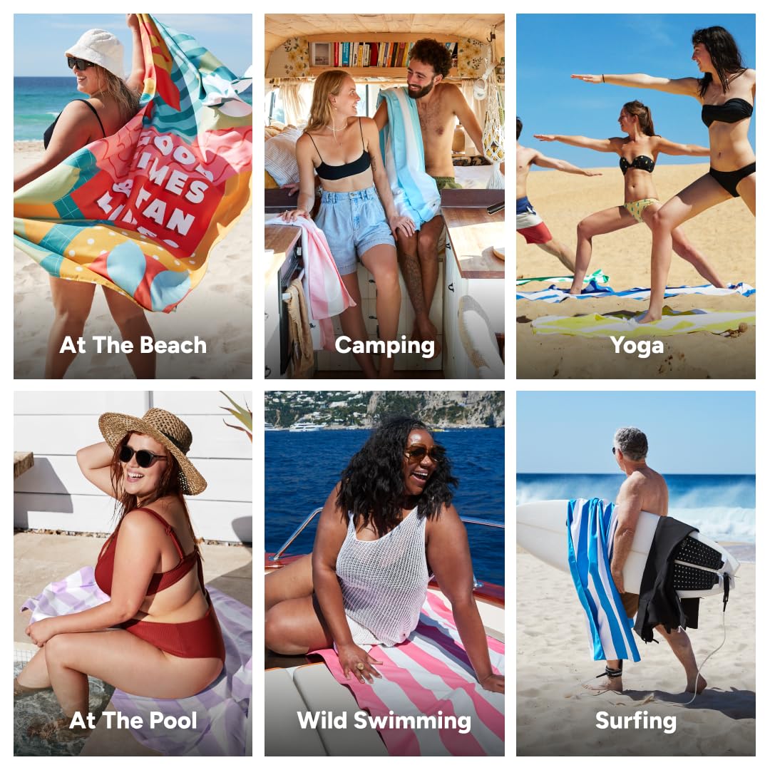 Dock & Bay Beach Towel - Quick Dry, Sand Free - Compact, Lightweight - 100% Recycled - Includes Bag - Good Times & Tan Lines - Large (160x90cm, 63x35)