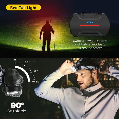 MIOISY Rechargeable Headlamp, High Lumen Bright 5 LED Head Lamp with Red White Light, IPX4 Waterproof Headlight,8 Mode Head Flashlight for Outdoor Running Hunting Fishing Hiking Camping Gear