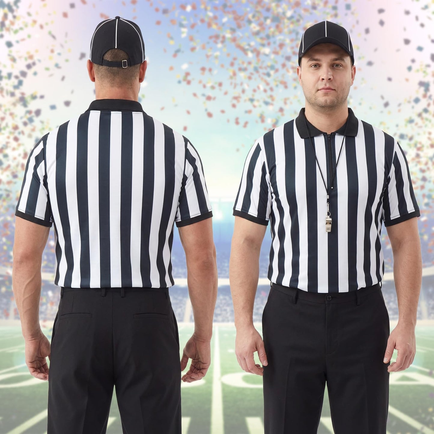 Referee Shirt for Men & Women, 4-Piece Ref Uniform Set with Zipper Collar, Whistle, Hat & Penally Flag for Football & Soccer (Large)