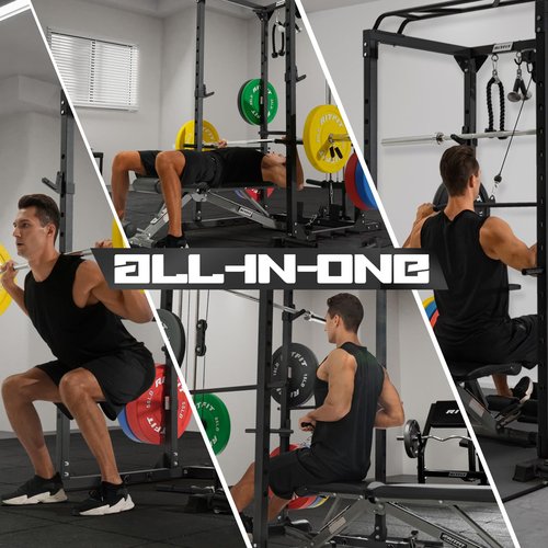 RitFit All-in-One Squat Rack for Home Gym, PPC02C Multi-Function 1000 LBS Capacity Power Cage with LAT Pulldown, Pulley System, Dip Bar, Landmine & More Power Rack Attachments (Black Only Cage)