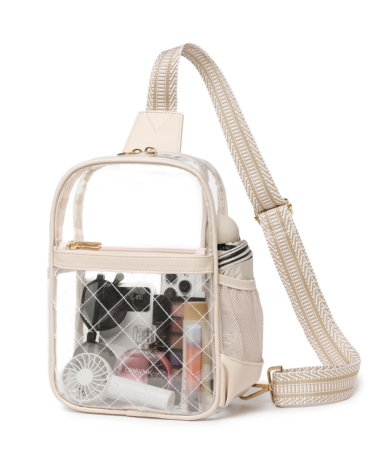 Clear Bag for Stadium Events, Clear Purse for Women, Transparent PVC Quilted Sport Concert Daily Crossbody Bag,Beige