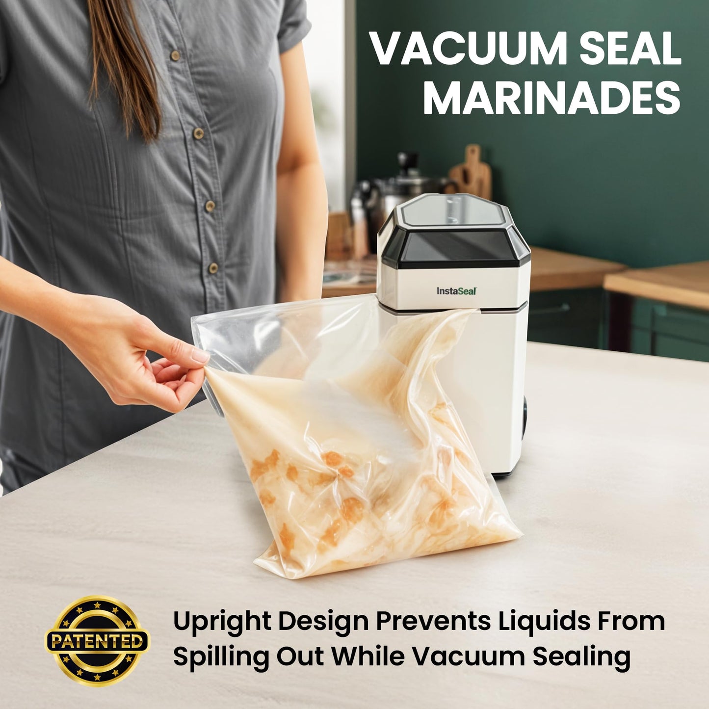 InstaSeal Vacuum Sealer for Food with 12 Bags, Compact Upright Design Allows Machine to Seal Marinades, Soups, Meats for Sous Vide Cooking, Vegetables, Double Heated Seal Keeps Food Fresher Longer