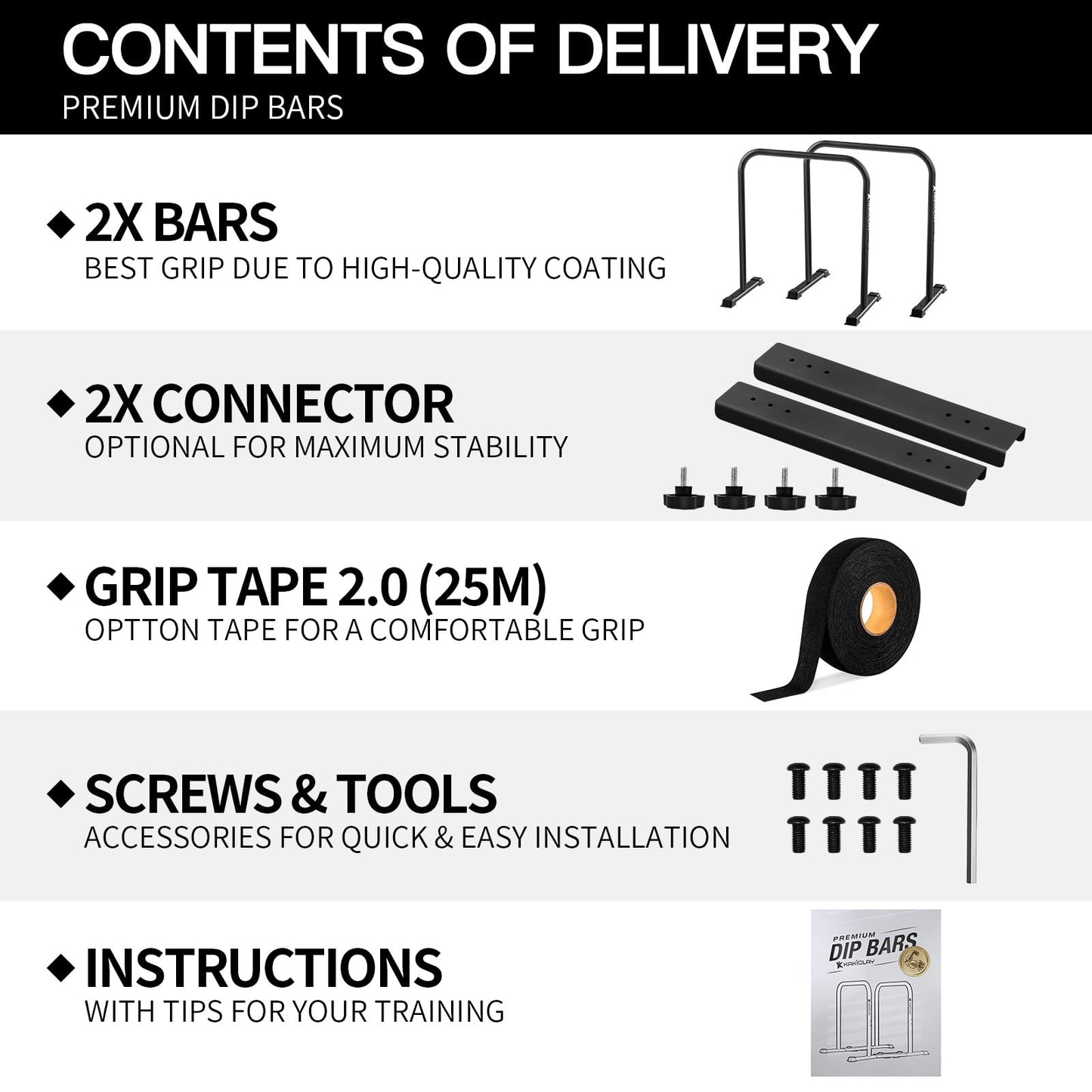 KAKICLAY 2025 Upgrade World's Best Strongest Premium Dip Bars With Adjustable Ultra-Stable Settings & Non-Slip Feet - USA Original Patent, Designed, Shipped, Warranty