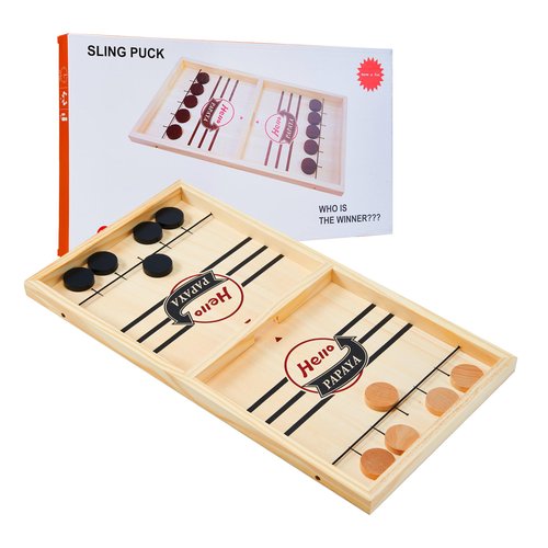 HELLO PAPAYA Fast Sling Puck Game - Test Your Speed and Accuracy with This Fast-Paced Wooden Air Hockey Desktop Battle Board Game - Guaranteed Fun Gifts for Family Night or Friends Party