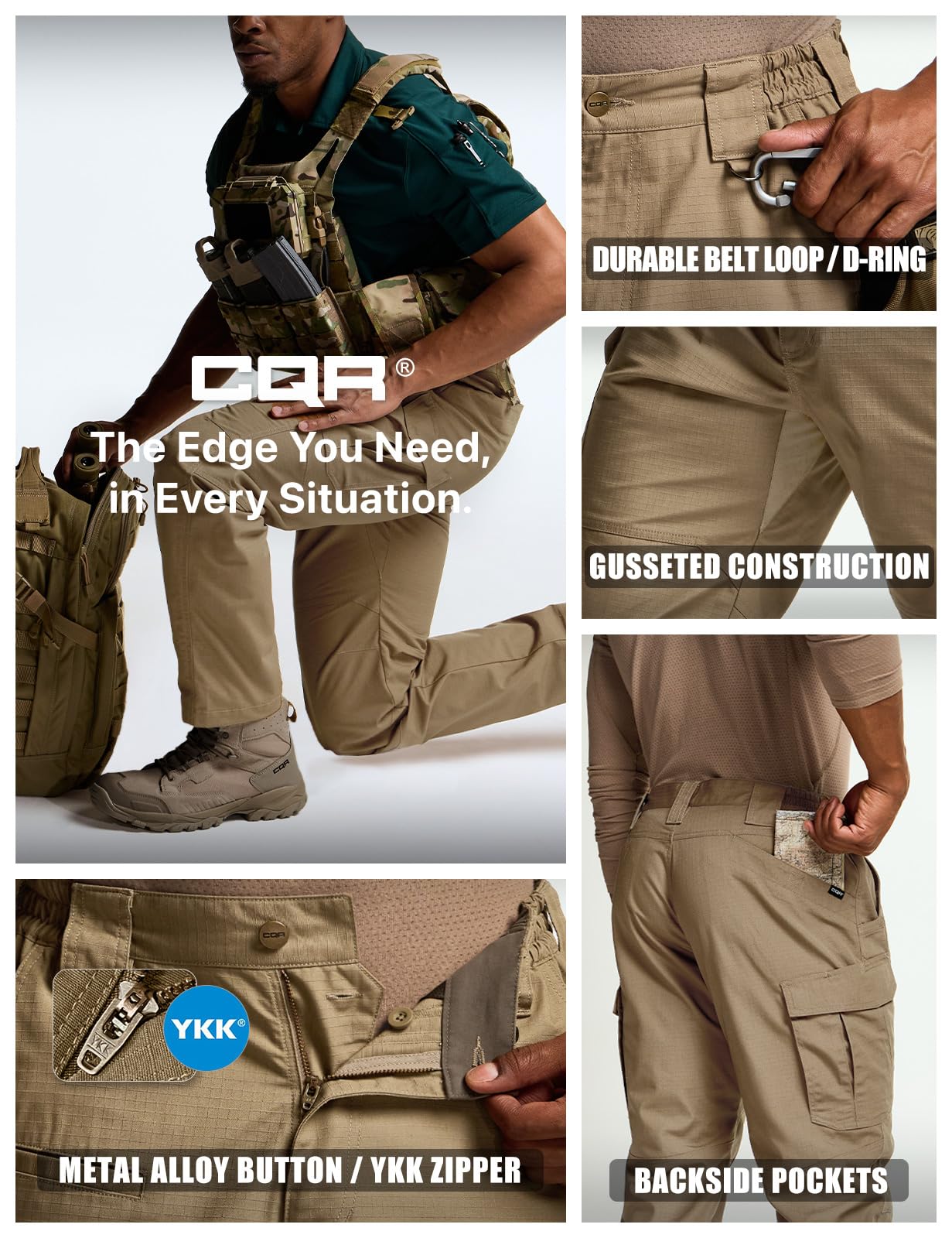 CQR Men's Tactical Pants, Water Resistant Ripstop Cargo Pants, Lightweight EDC Work Hiking Pants, Outdoor Apparel, Raider Mag Pocket Cougar, 32W x 30L