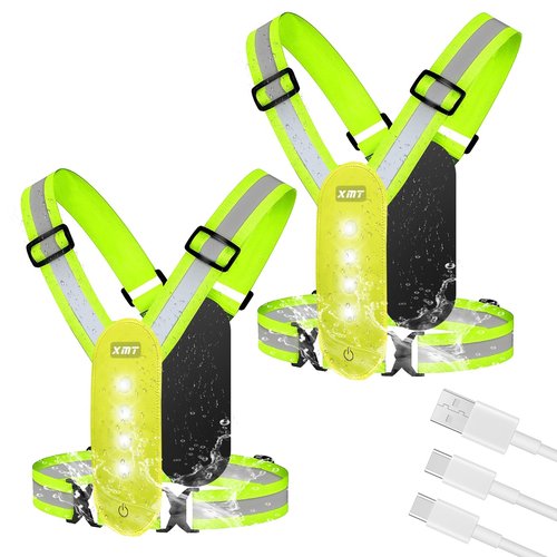 XMT Reflective Running Vest 2PC, High Visibility Rechargeable Adjustable Led Vest with Adjustable Waist and Shoulder, LED Cycling Gear