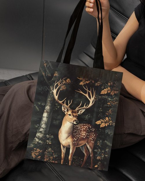 Deer Print Canvas Tote Bag for Women Dark Academia Deer Pattern Reusable Grocery Shoulder Bag for Shopping Travel Work Gym Aesthetic Totes