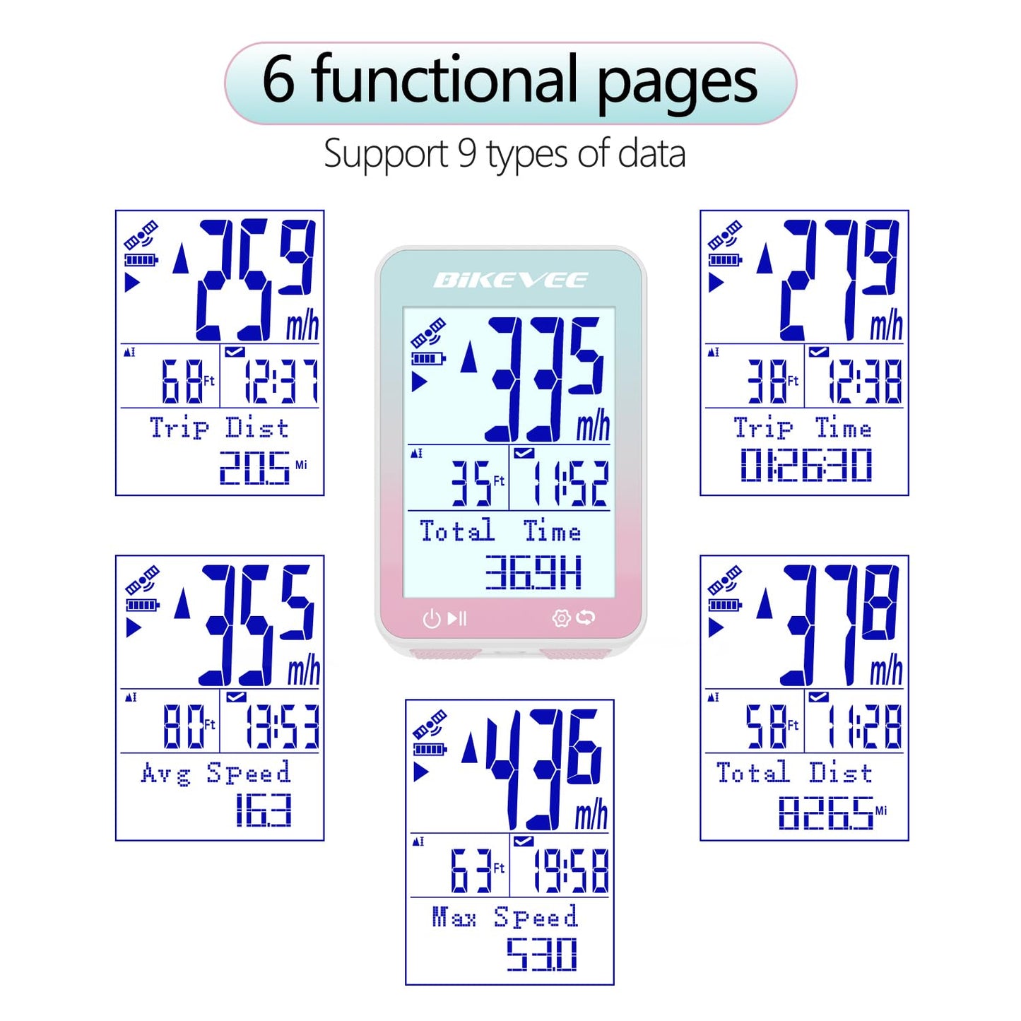 Bikevee GPS Bike Computer Wireless Bicycle Speedometer Odometer 9 Languages Auto Backlight Auto Start Stop IPX7 Waterproof 2.4 Inch LCD with Out Front Mount Supports MPH KMH - Pink
