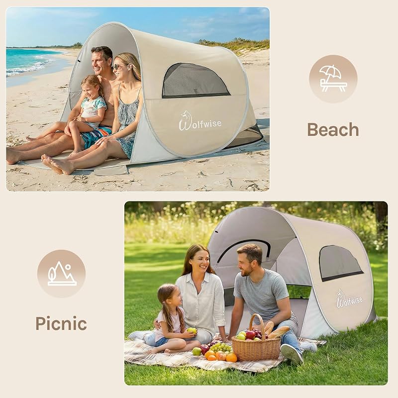 Wolfwise 3 Person Pop Up Beach Tent - Beige, Easy Setup Sun Shade Shelter