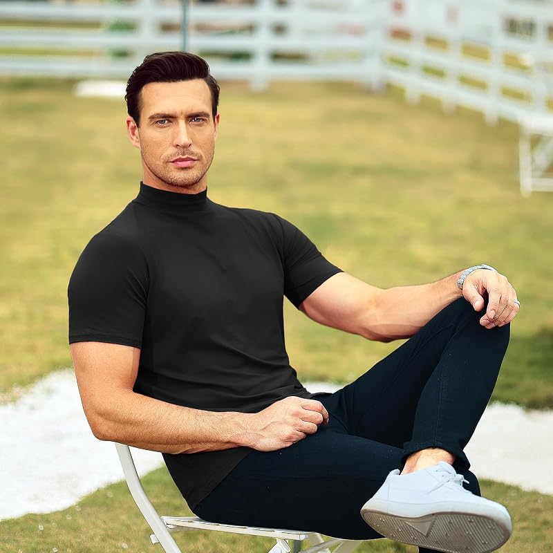 Men's Mock Neck Short Sleeve T-Shirt - Basic Fit, 80/20 Cotton-Spandex, Black Small