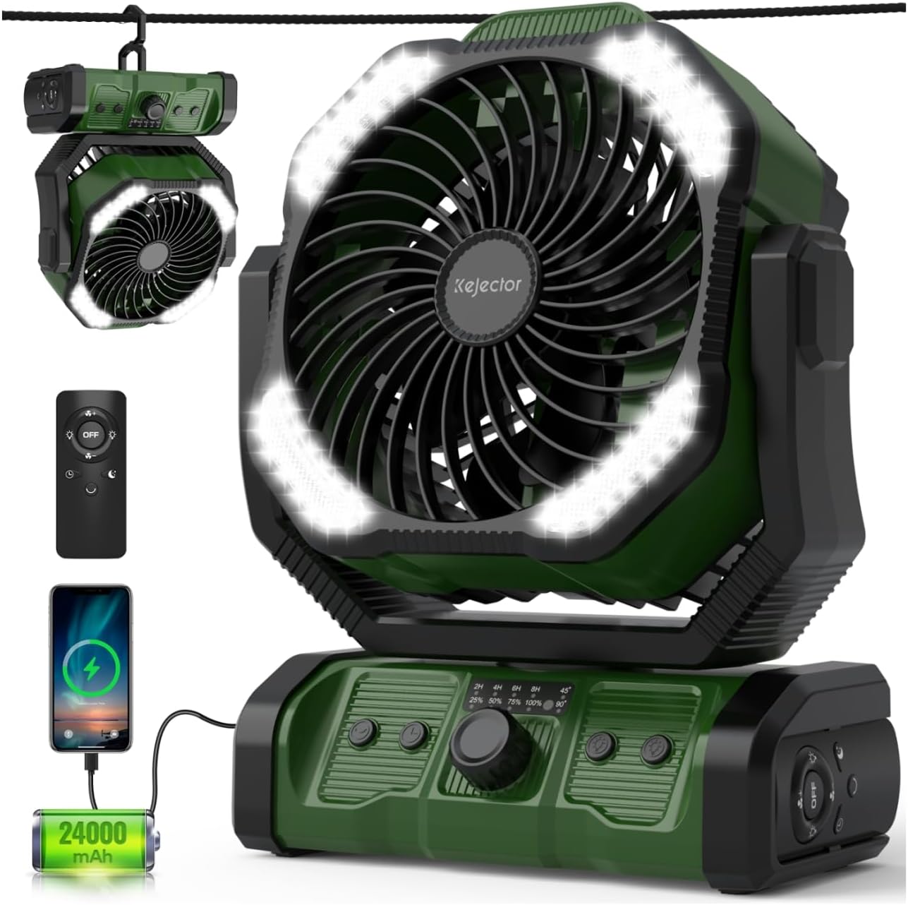kejector Battery Powered Fan Rechargeable - 24000mAh 3-in-1 Portable Camping Fan with LED Lights, USB C, Auto Oscillating Operated Fan for Tents, Travel, BBQ, Fishing, Home, Office, Camper Essentials