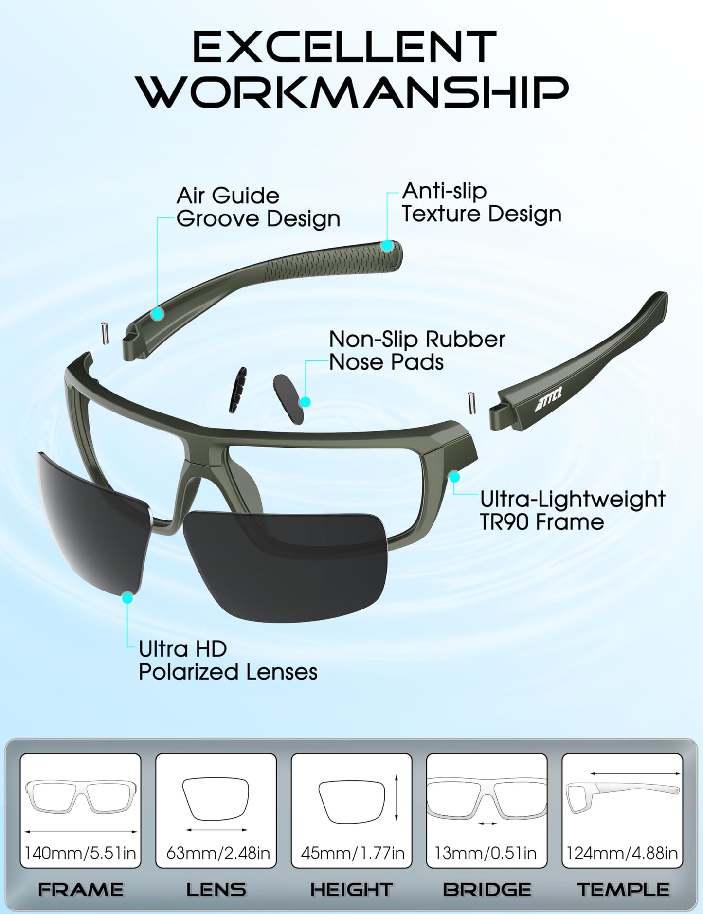 ATTCL Polarized Sunglasses Men for Fishing: UV Protection Lightweight TR90 Sports Wrap Sun Glasses Driving Golf Cycling Running 5001 Green+frame