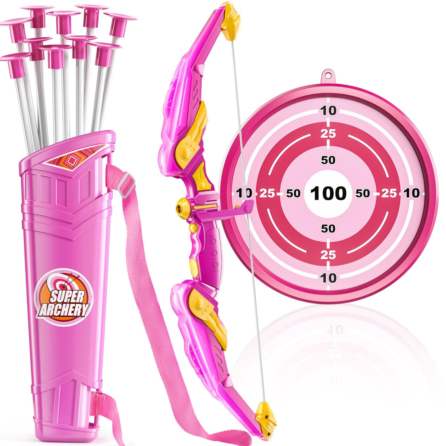 TEMI Bow and Arrow for 3 4 5 6 7 8 9 10 Year Old Kids Girls, LED Light Up Archery Toy with 10 Suction Cup Arrows, 4 Target & Quiver, Indoor Outdoor Sport Toys, Birthday Gift Toys for Kids Girls