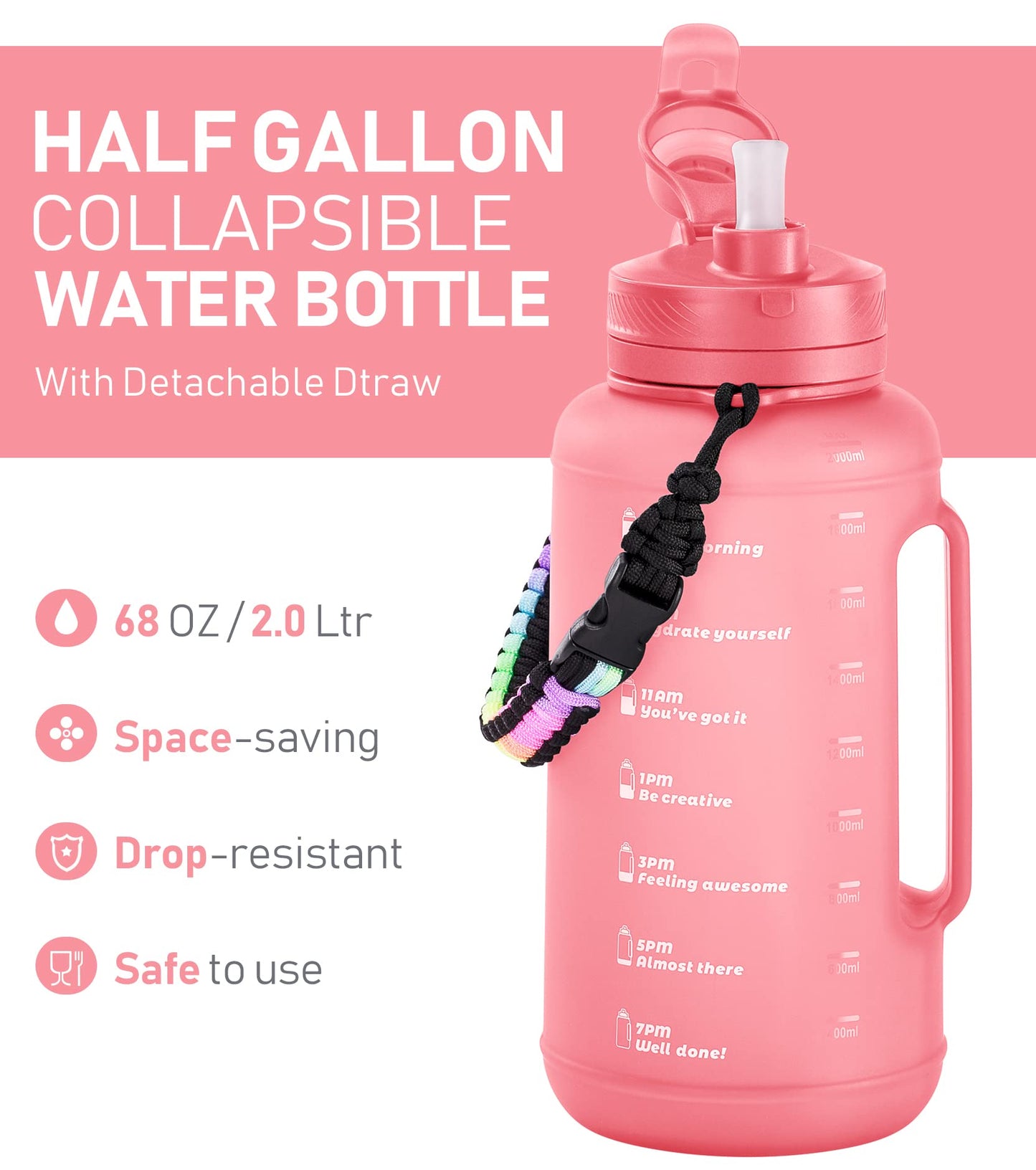 TakeToday 68 oz Collapsible Water Bottles With Straw, Half Gallon Water Bottle With Motivational Time Marker, Large Reusable Silicone Water Jug With Paracord Handle For Sports, Outdoors (Pink)