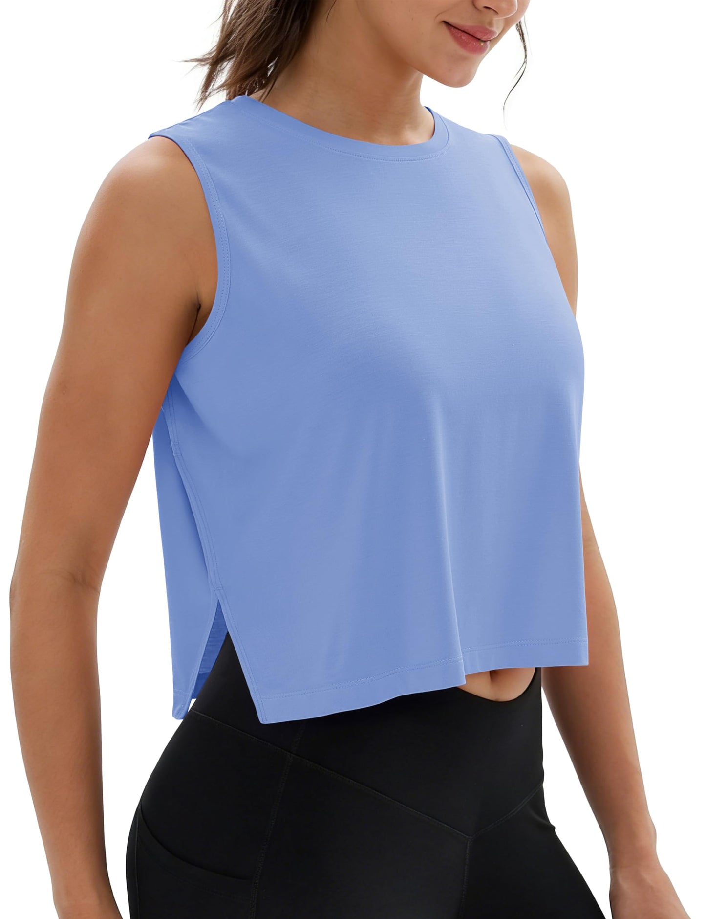 MAGCOMSEN Workout Tank Tops Women Cropped Yoga Top Loose Sleeveless Muscle T-Shirts Athletic Moisture Wick Blue M