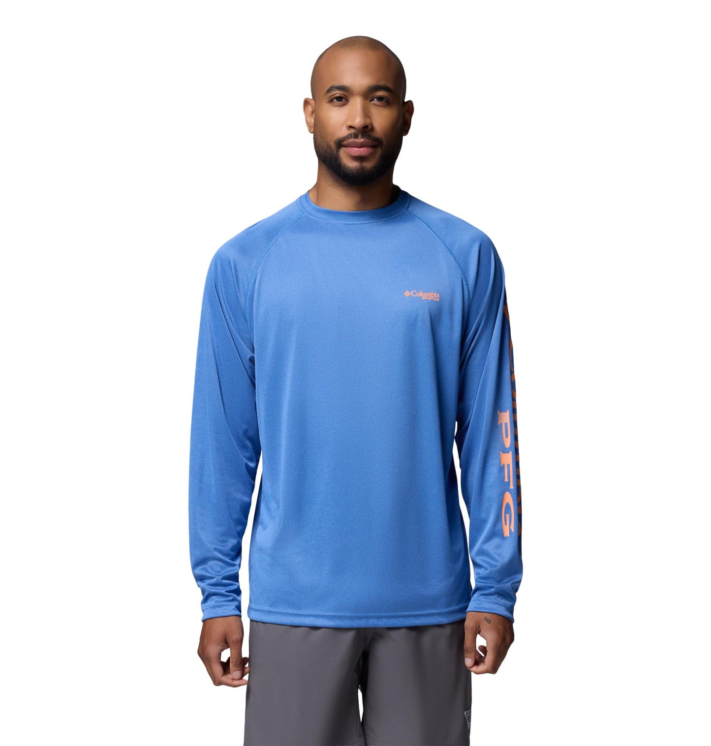 Columbia Men's PFG Terminal Tackle Long Sleeve Fishing Shirt, Vivid Blue Heather/Bright Nectar Logo, 5X Tall