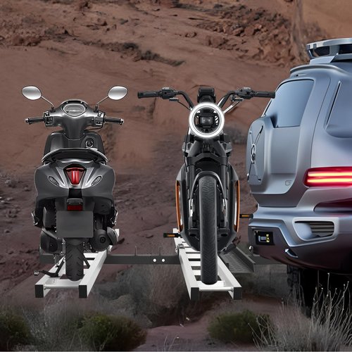‌Heavy-Duty Aluminum Motorcycle Hitch Carrier for Dirt Bikes 600LBS/272kg with Anti-Slip Strap&Ramp Compatibility