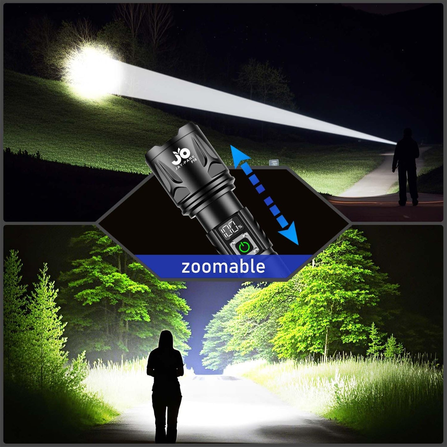 JAY-PARK High Lumen Flashlight 100000 Lumen Rechargeable 5000mAh Battery