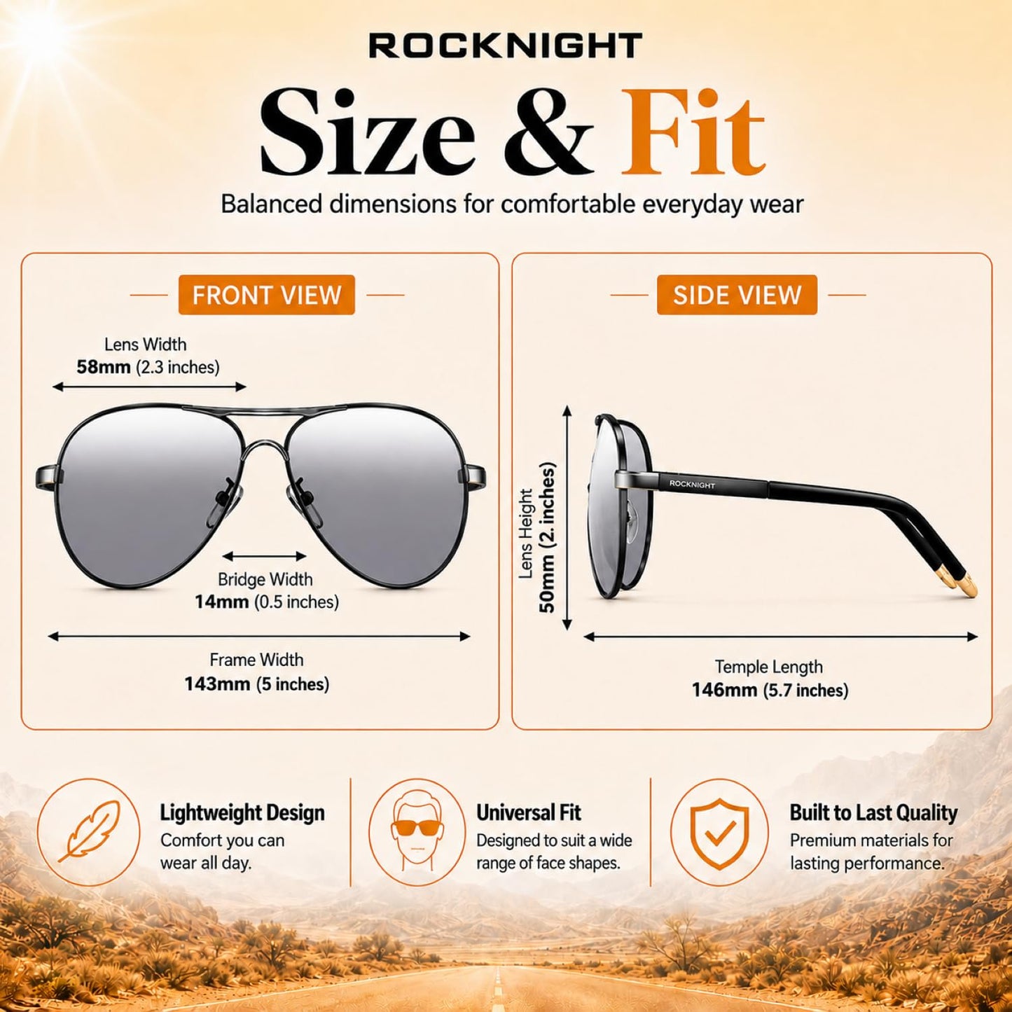 ROCKNIGHT Polarized Aviator Sunglasses for Men Women UV400 Metal Frame Flat Top Driving Outdoor Shades Lightweight 58mm Silver Mirror Lens
