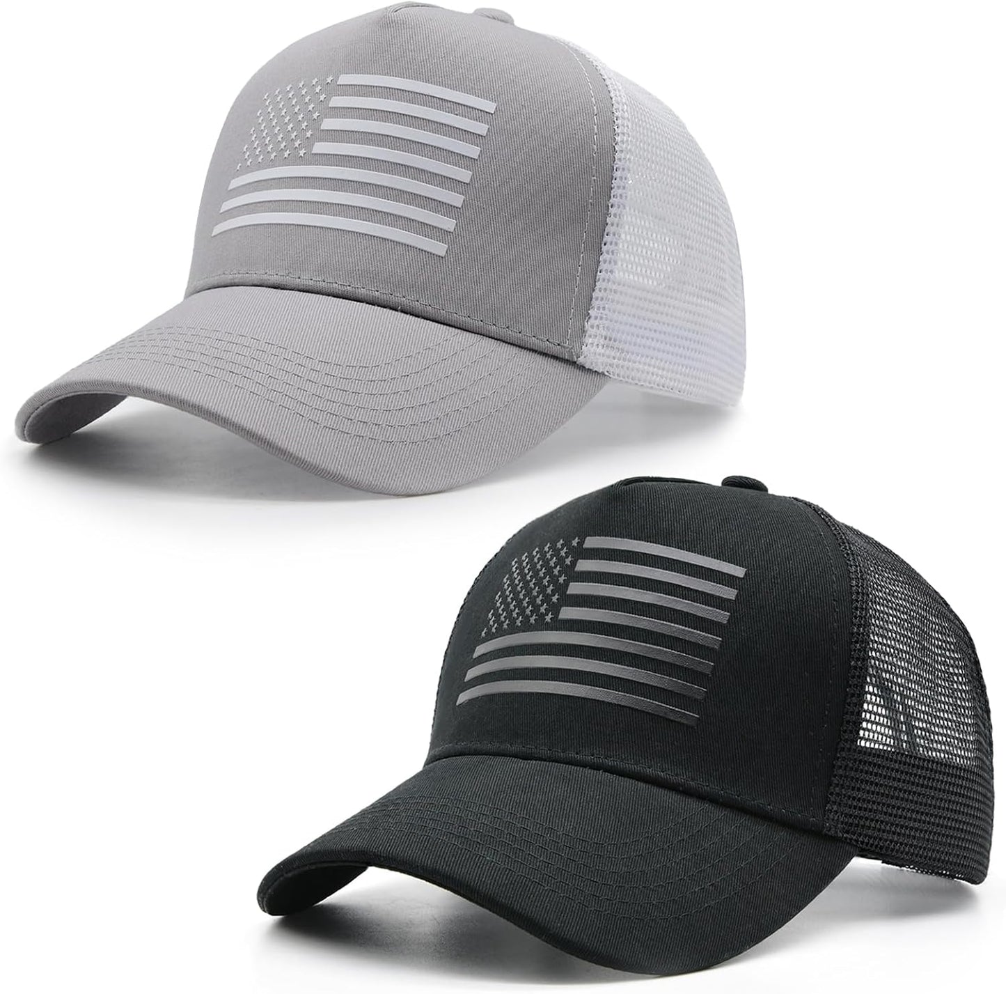 2 Packs American Flag Trucker Hat, Adjustable Mesh Snapback USA Flag Baseball Caps for Men Women