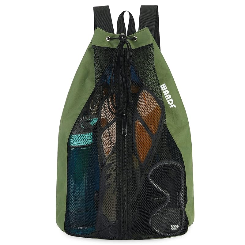 WANDF Swim Bag for Swimmers Mesh Beach Backpack Green Medium