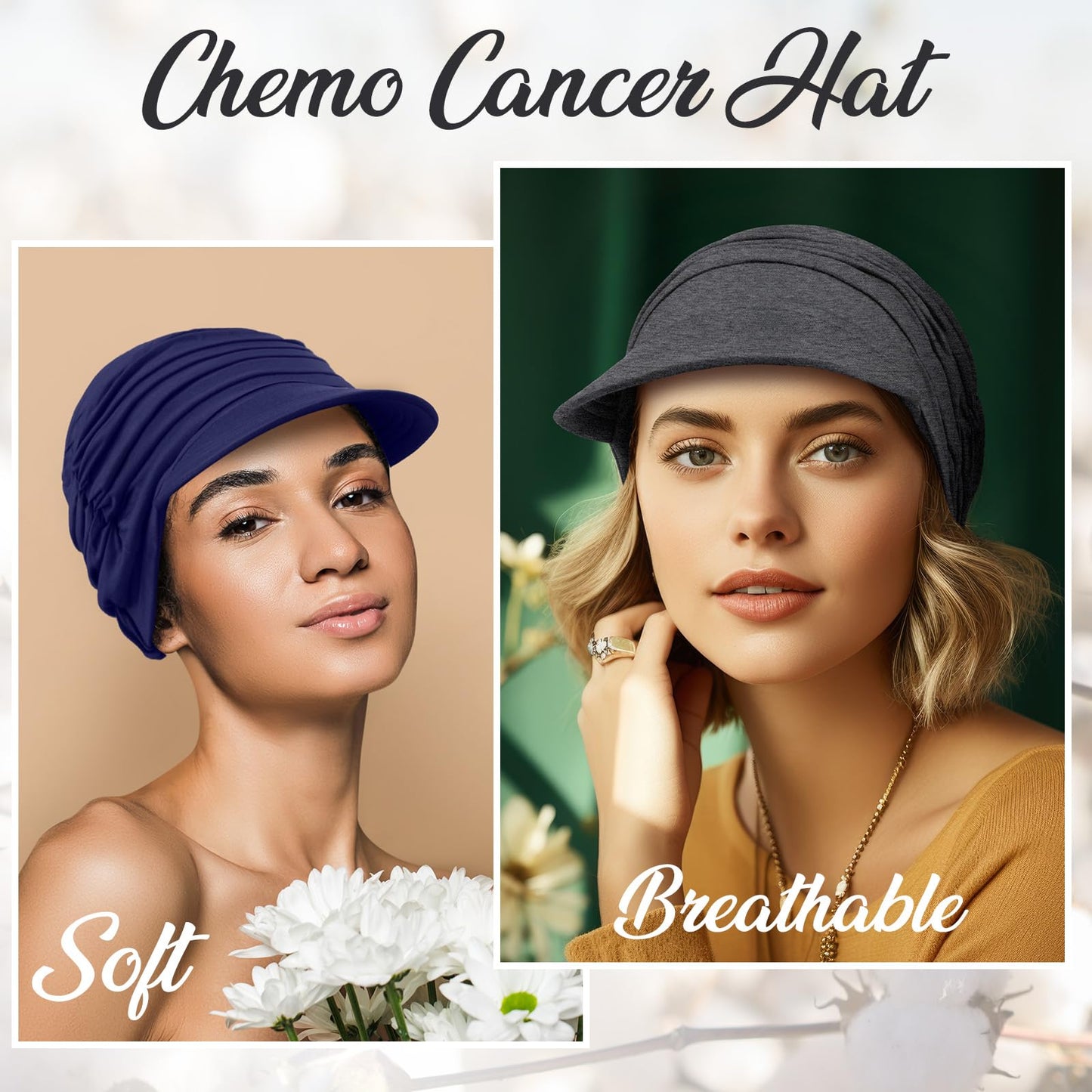 Jamntower 6 Pcs Chemo Cancer Hat for Women Breathable Bamboo Newsboy Baseball Cap Soft Headwear for Cancer Patient Hair Loss(Black, Light Gray, White, Navy Blue, Dark Gray, Grey Blue)