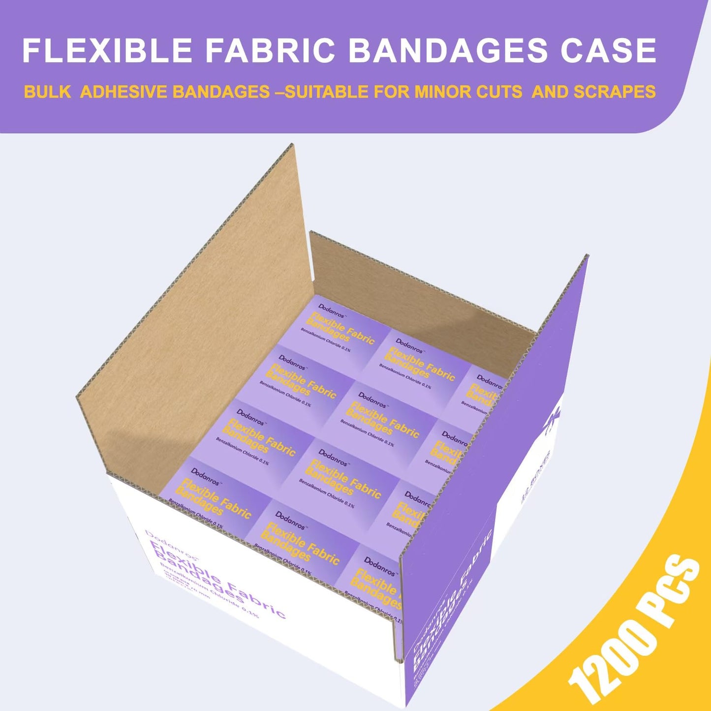 Dodanros Bulk Case of 1200 PCS Flexible Fabric Bandages, 3/4" x 3",Individual 12 Box Packaging,Include 0.1%Benzalkonium,Sterile, Breathable | Use for School, Hospital, Businesses, and First Aid Kits.
