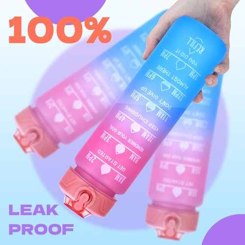 FLEEODAN Water Bottle with Straw, 32oz Motivational Water Bottles with Time Marker, LeakProof Tritan BPA Free,Sports Water Bottle with Handle for Women Man Gym Fitness Outdoor(Pink)