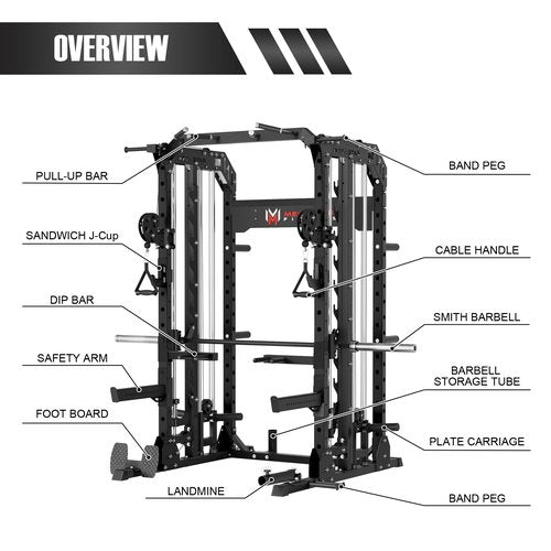 MEGASTAR Smith Machine for Home Gym - 2000lbs Capacity All-in-One Power Rack with Cable Crossover, Pull-Up Bar & Dip Station, Includes 18 Attachments, P107 Anvil Black