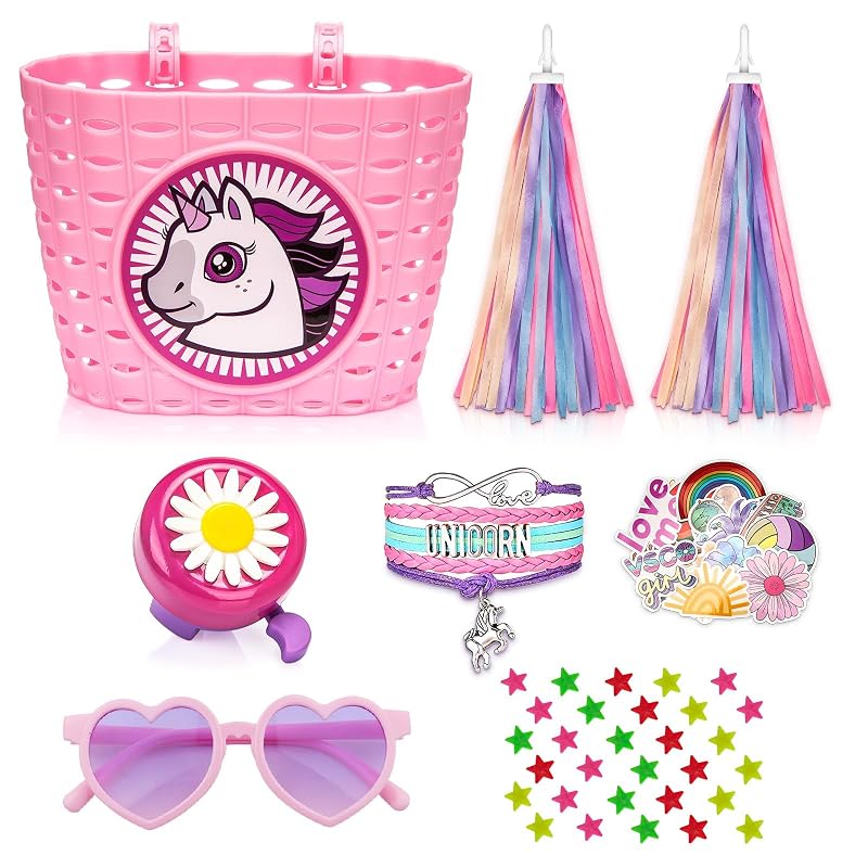 Kids Bike Basket Set with Unicorn Bracelet, Bell, Streamers & Stickers for Girls