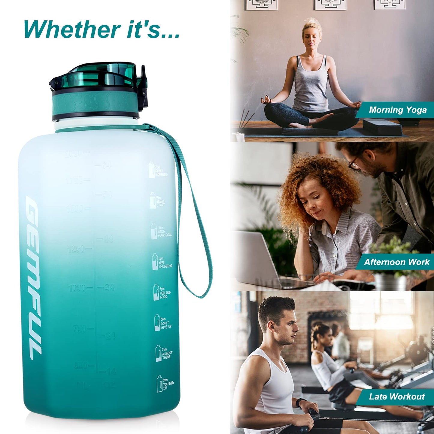 GEMFUL Motivational Water Bottle 74oz Time Marker for Gym (Cyan no Straw)