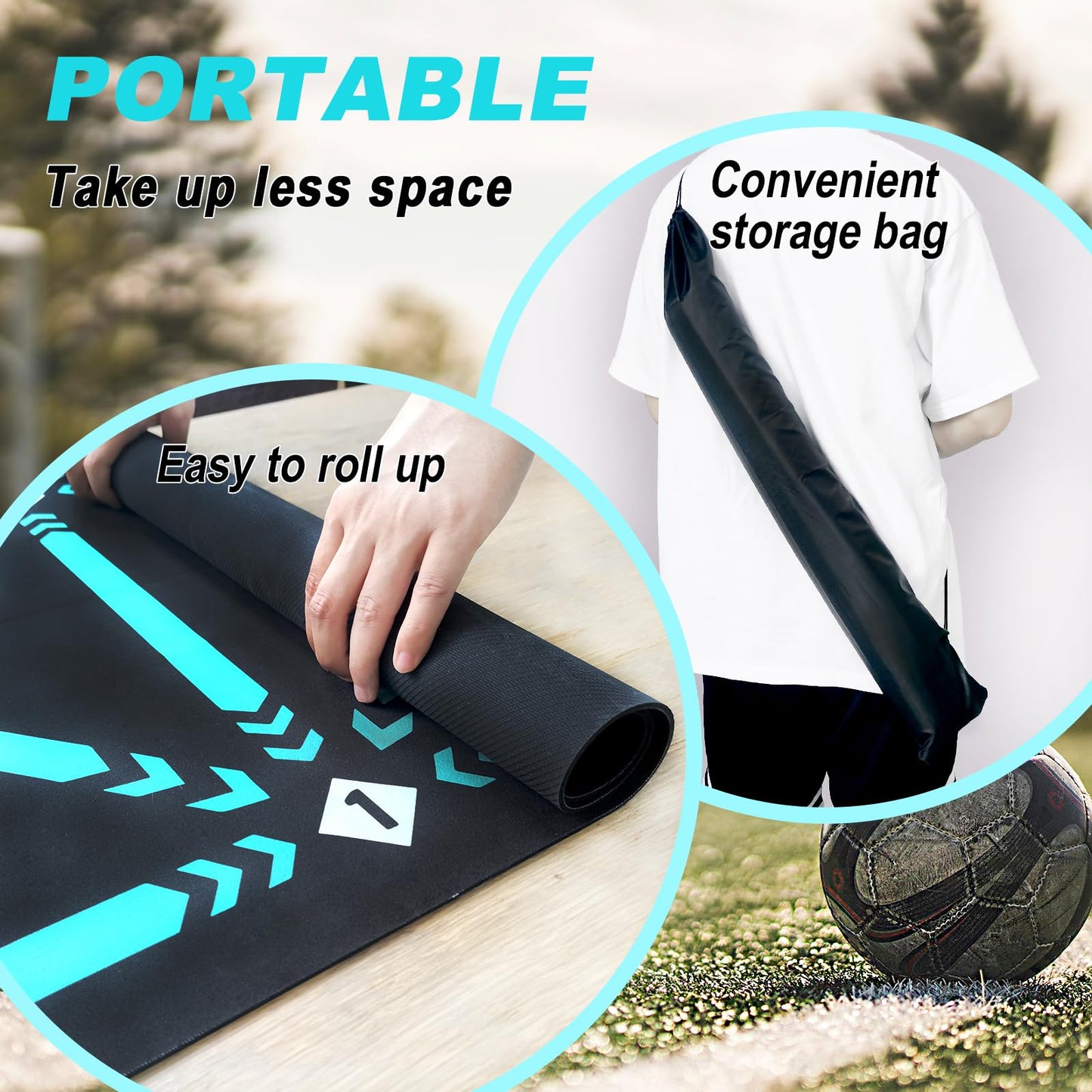 ECENUR Football Footstep Training Mat, Soccer Training Mat 35 * 24IN, Soccer Skills Training Equipment with Storage Bag and Soccer Return Trainer Net (Black-Blue)
