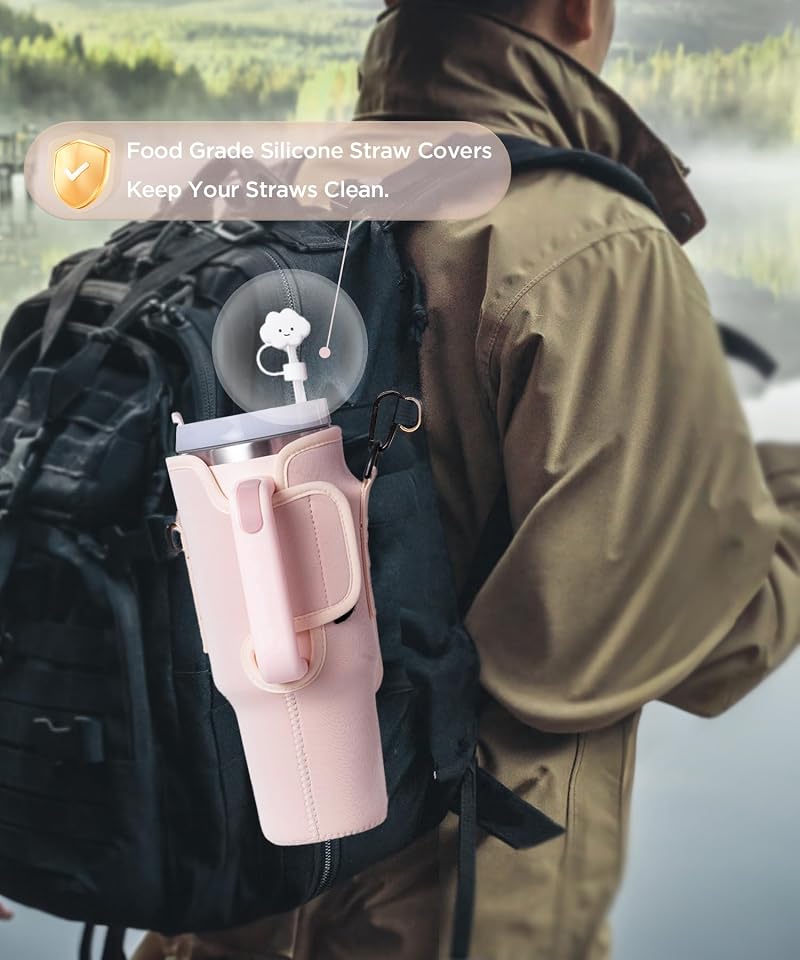 Dabria Pink 40 oz Stanley Water Bottle Holder with Strap & Straw Cover — Neoprene Pouch