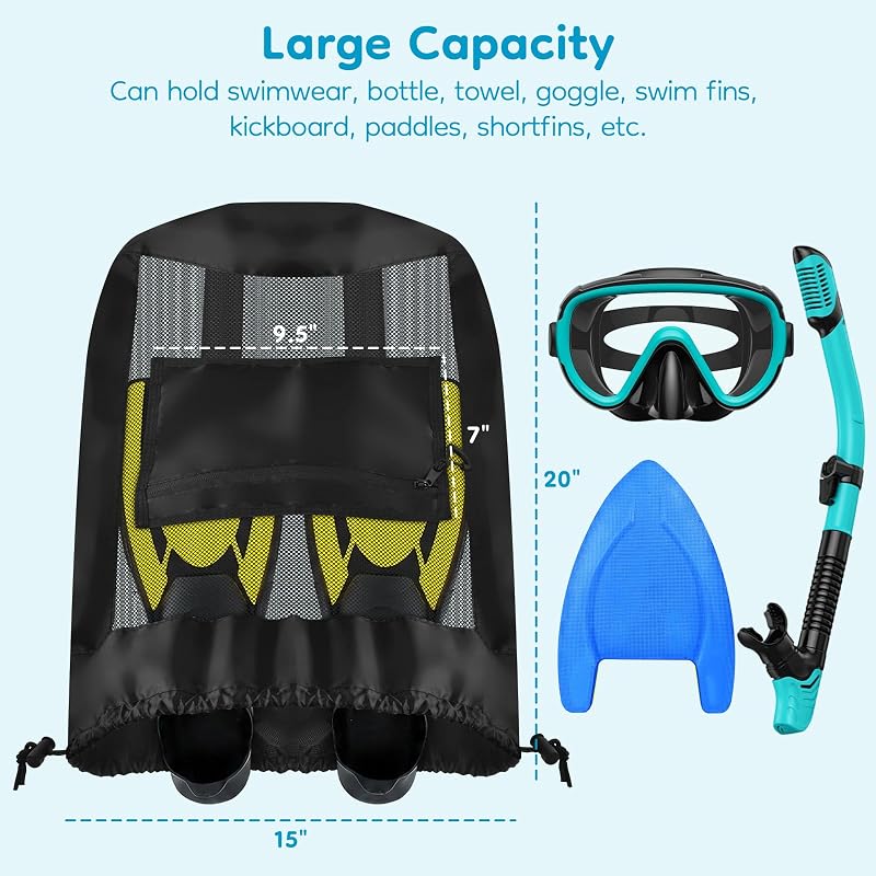 Drawstring Mesh Backpack with Pocket – Gym & Beach Bag, Black - 1pc