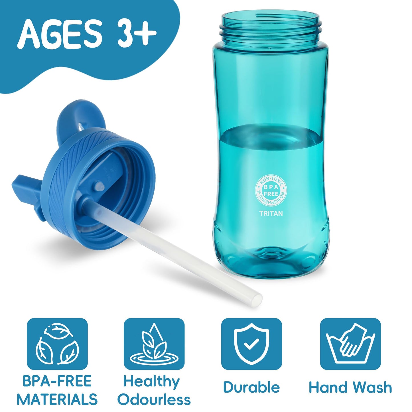 Edmyre 14oz Clear Kids Water Bottle with Straw Lid, BPA-Free Tritan, Measurement Scale, Sturdy Handle Wide Mouth Leak-proof Reusable Plastic Bottle for Boy& Girls, Back to School(Blue)