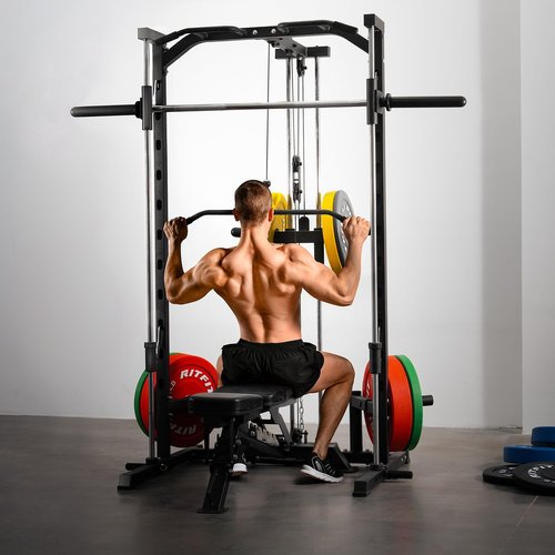 RitFit Smith Machine Power Rack with LAT-Pull Down System, Landmine, Barbell Bar, Plate Storage Pegs and More Training Attachment (Smith Machine 1.0), Black