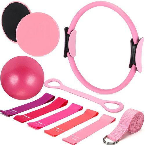Arrowbash Set of 6 Style Pilates Home Equipment Set Pink Pilates Essential Kit Workout Accessories 14" Magic Circle, Mini Exercise Ball, Yoga Strap, Silicone Tension Strip, Tension Band, Sliding Plate