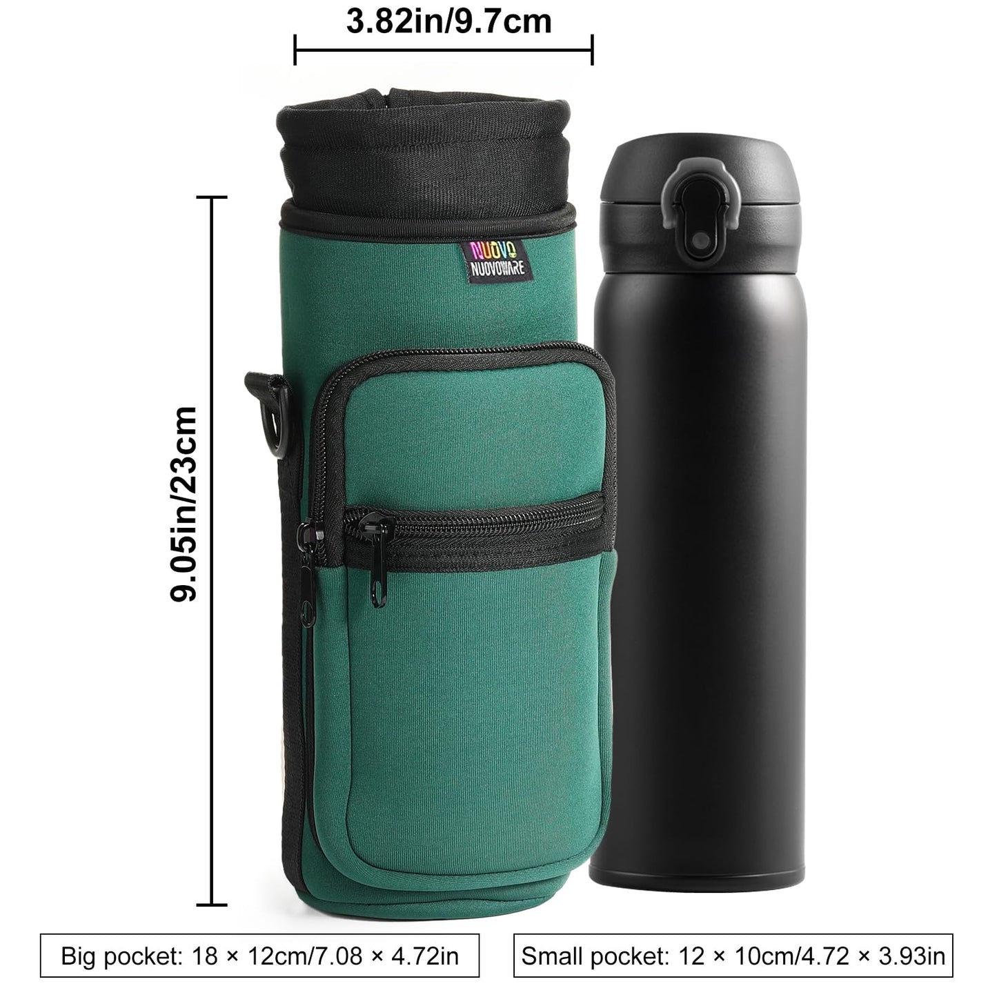 Nuovoware Water Bottle Carrier Bag, 40oz Bottle Pouch Holder, Adjustable Shoulder Hand Strap 2 Pocket Sling Neoprene Sleeve Sports Accessories for Hiking Travelling, Dark Green