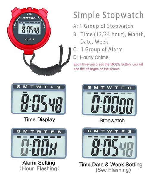Simple Stopwatch, BESTWYA Large LCD Screen Handheld Count Up Timer with Time Calendar Clock Function (Pack of 4,B)